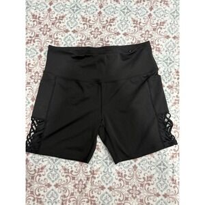 O to S Black High Waisted Biker Shorts 2X Lattice Cutout Side Pockets YP7015